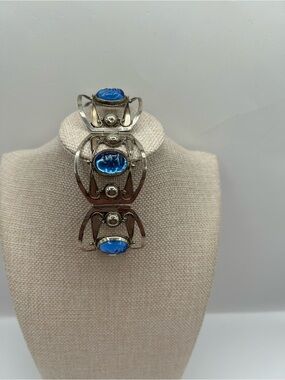 Vintage Taxco Silver Blue Rhinestone Panel Hinge Bracelet